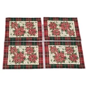 Poinsettias Tapestry 18 "X 12 1/2" Placemats Plaid Floral Christmas Flower